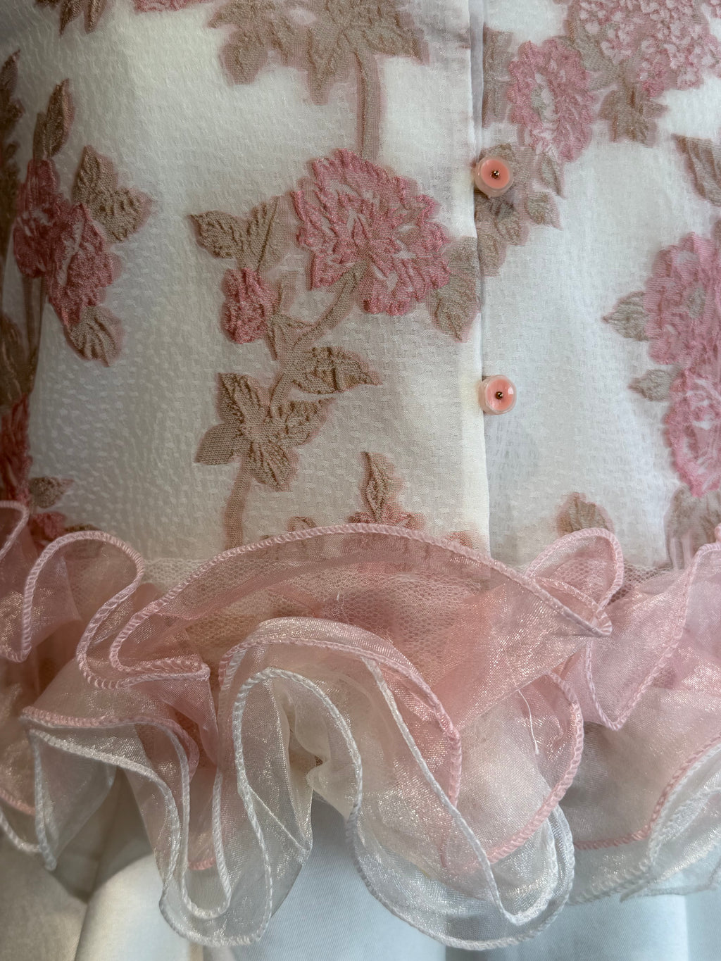 Rose Embroidered Organza Mandarin Collar Ruffle Peplum Top | Clara