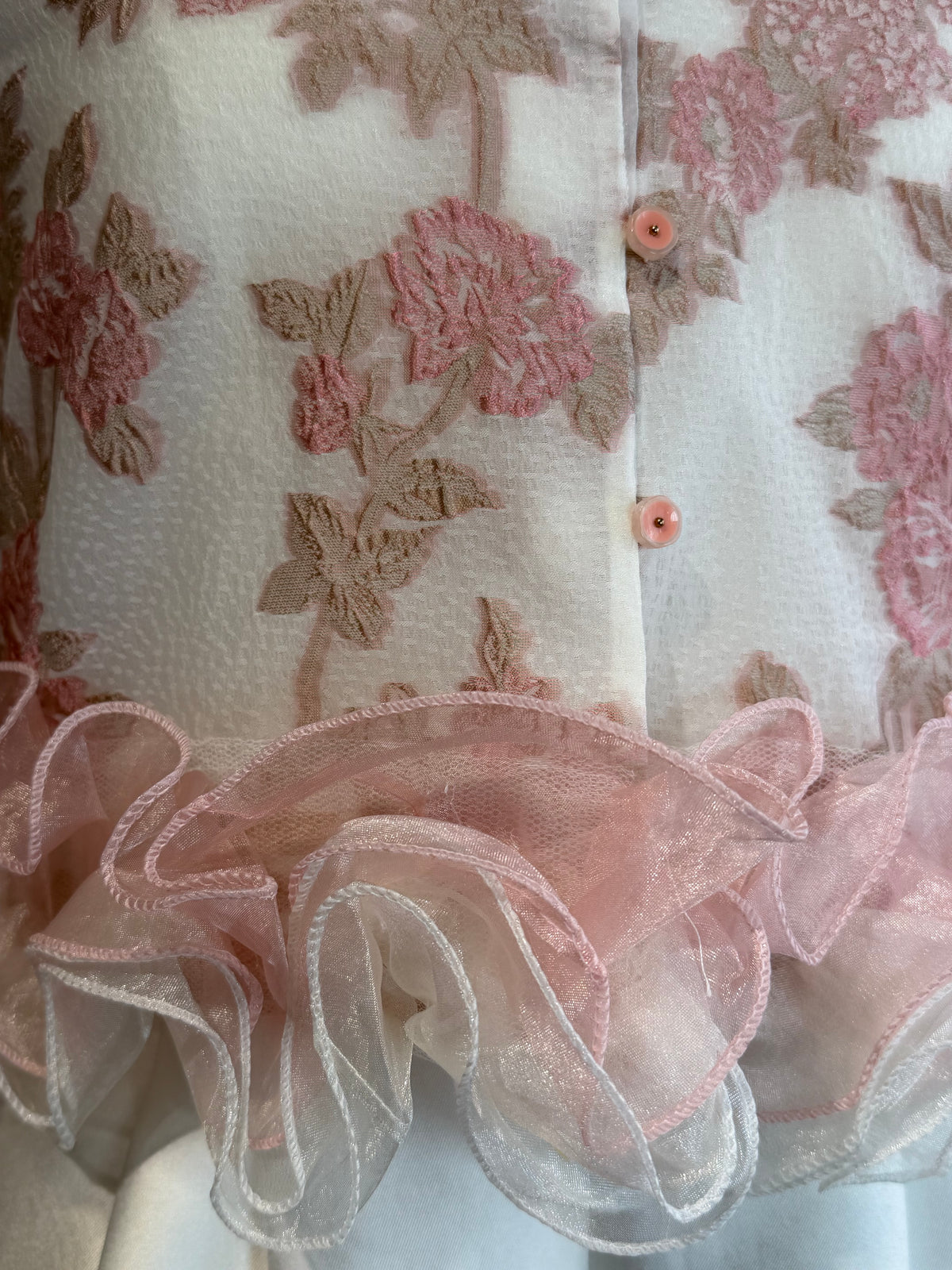 Rose Embroidered Organza Mandarin Collar Ruffle Peplum Top | Clara