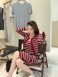 Burgundy Stripe Ribbed Knit Cardigan & Midi Skirt Set | Ulrikaa