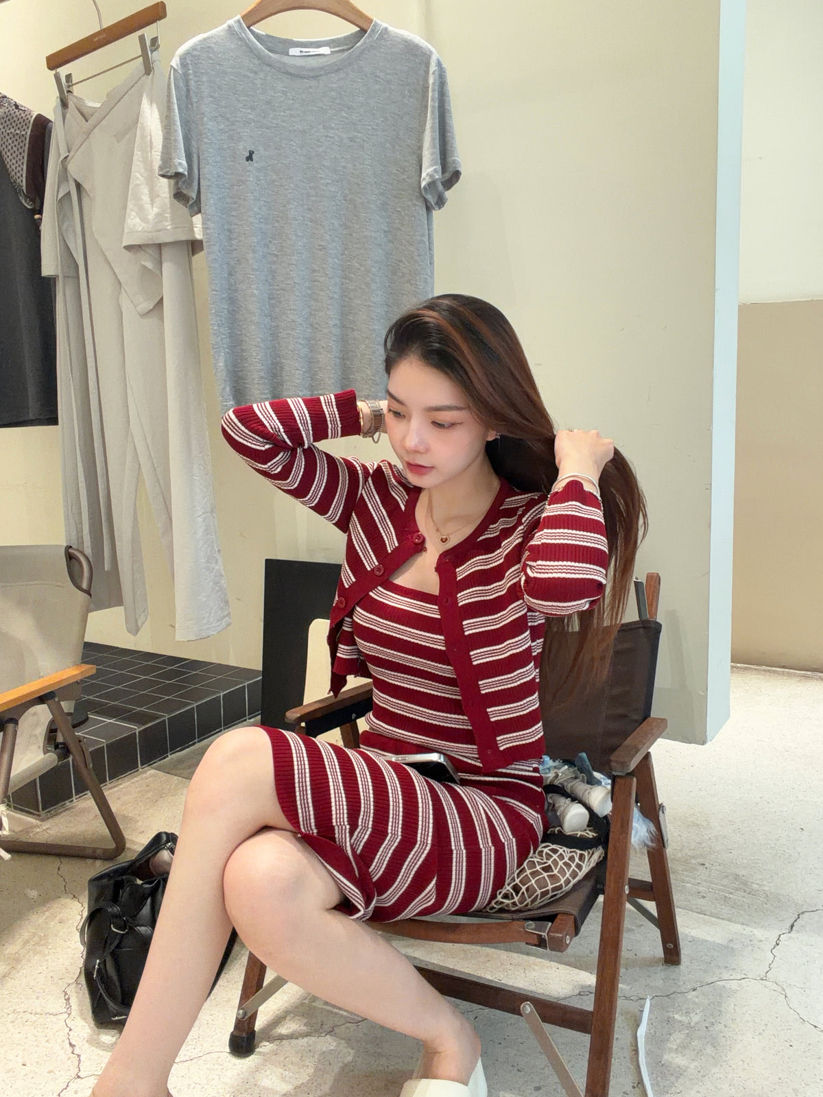 Burgundy Stripe Ribbed Knit Cardigan & Midi Skirt Set | Ulrikaa