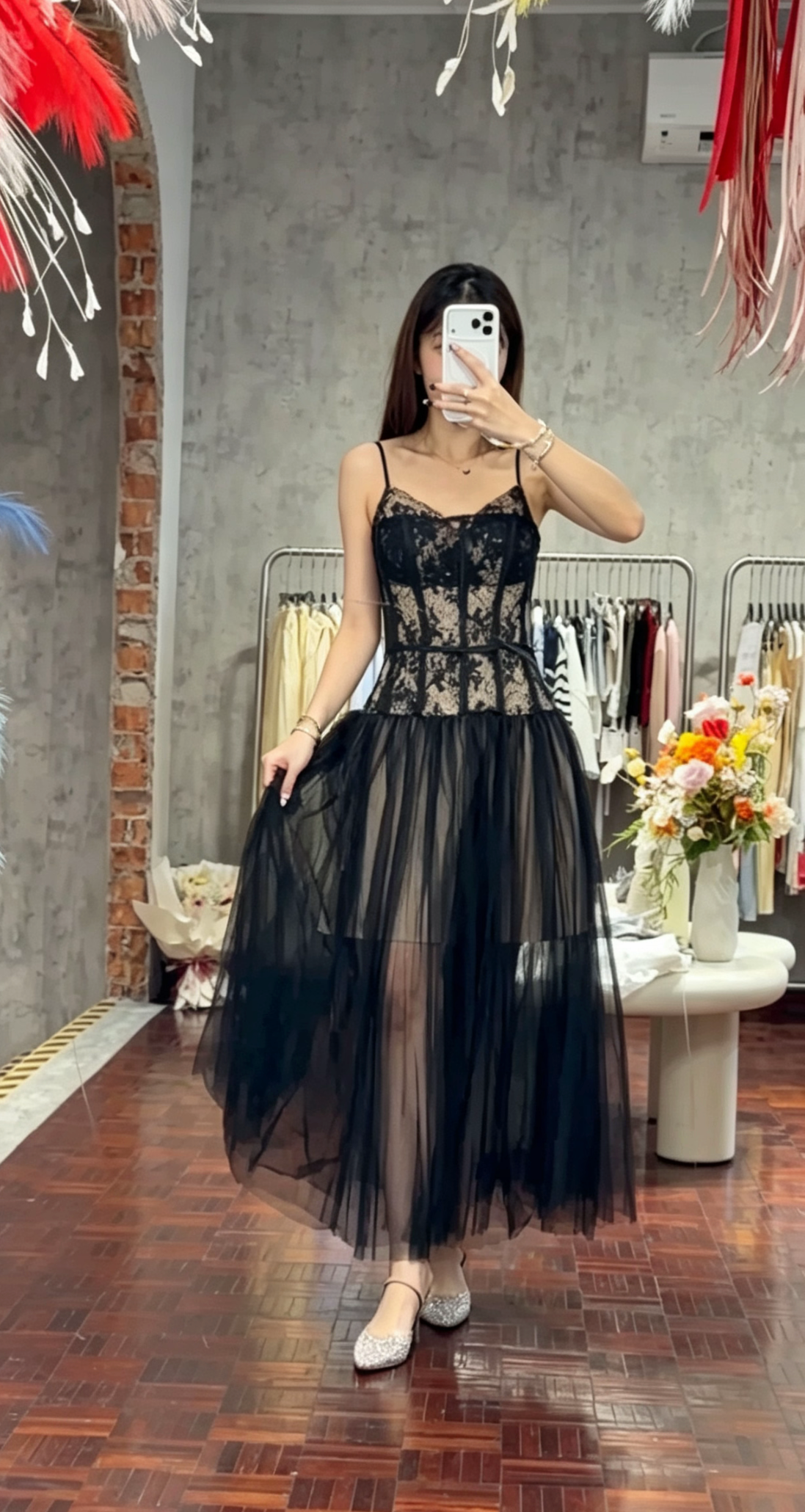 Lace Corset Bodice Tulle Midi Dress | Gillian