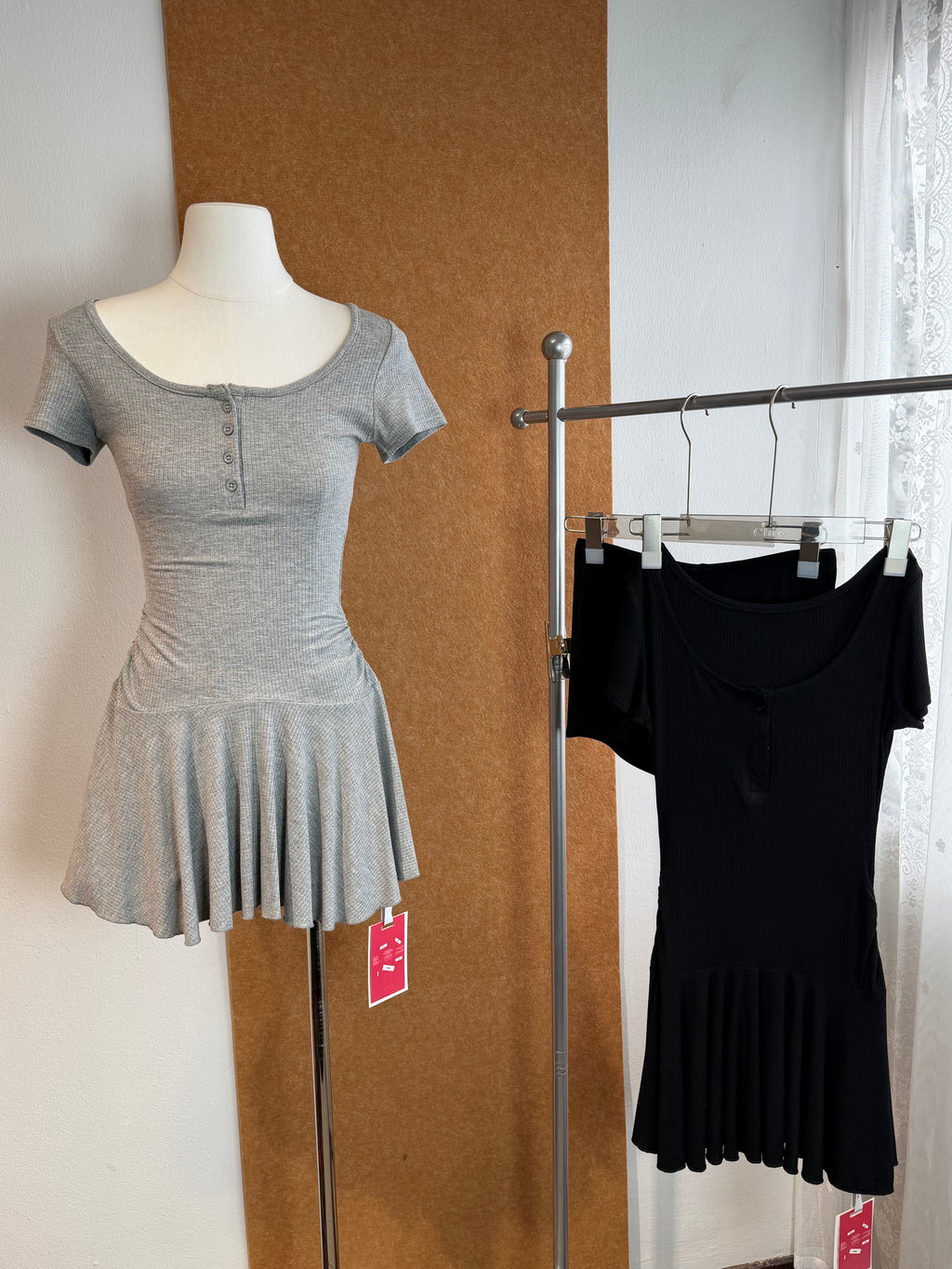 Ribbed Knit Drop-Waist Flared Mini Dress | Juliette