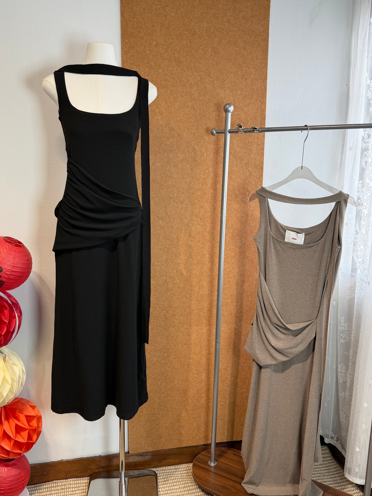 Asymmetric Drape Ruched Waist Stretch Jersey Maxi Dress | Icon
