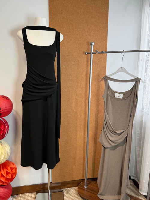 Asymmetric Drape Ruched Waist Stretch Jersey Maxi Dress | Icon