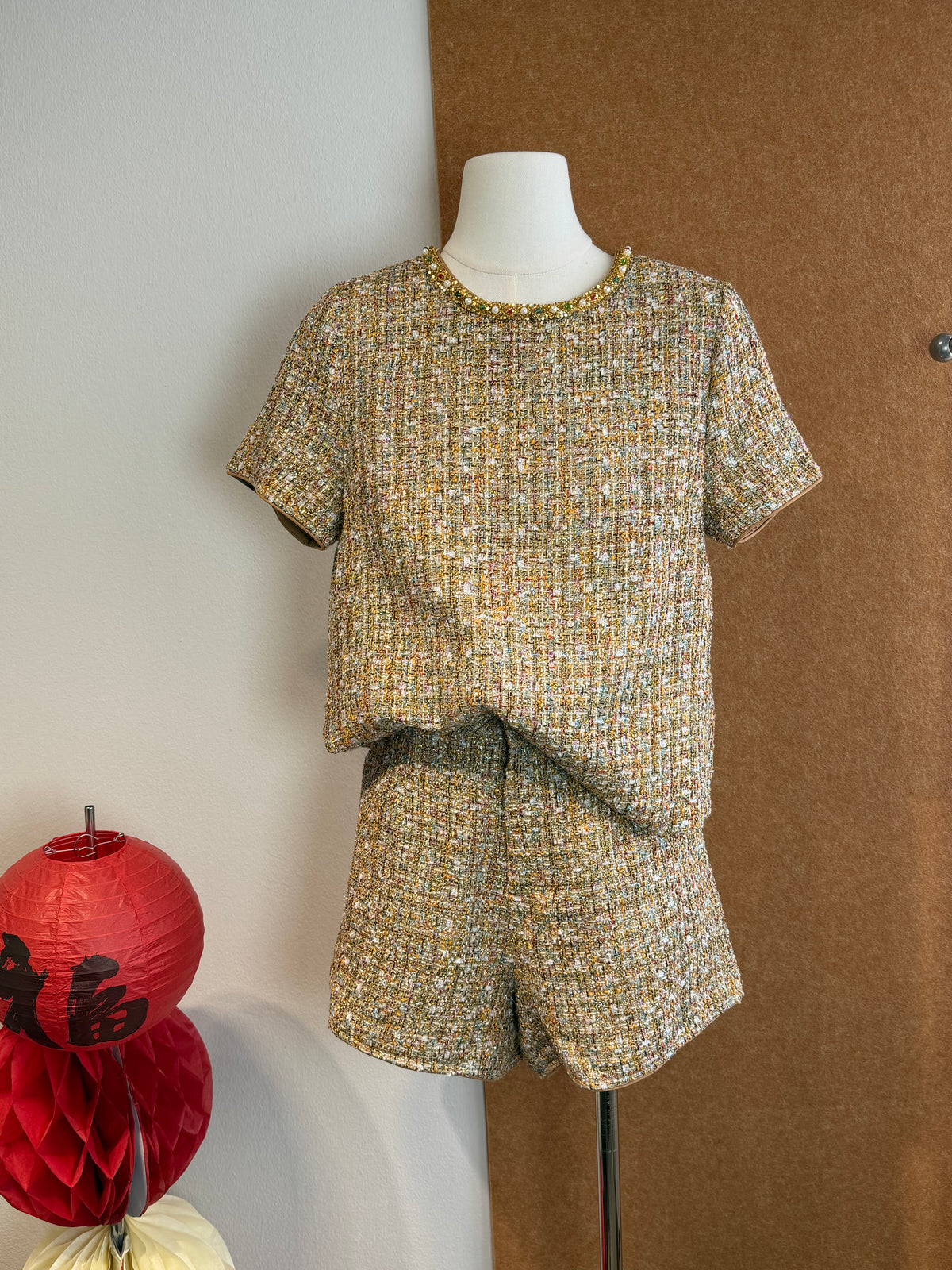 Jewel-Neck Gold Tweed Short-Sleeve Top | Robin