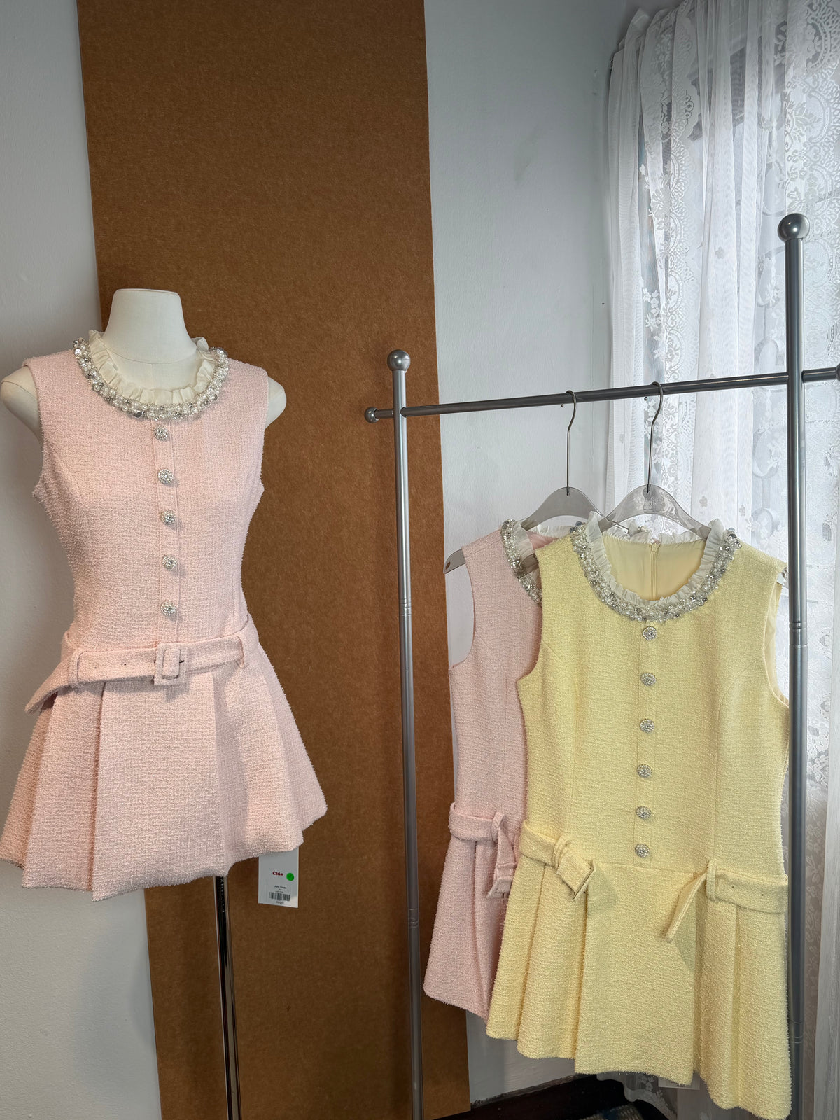 Sleeveless Shimmer Tweed Mini Dress with Pearl Rhinestone Neckline and Self-Belt | Josie