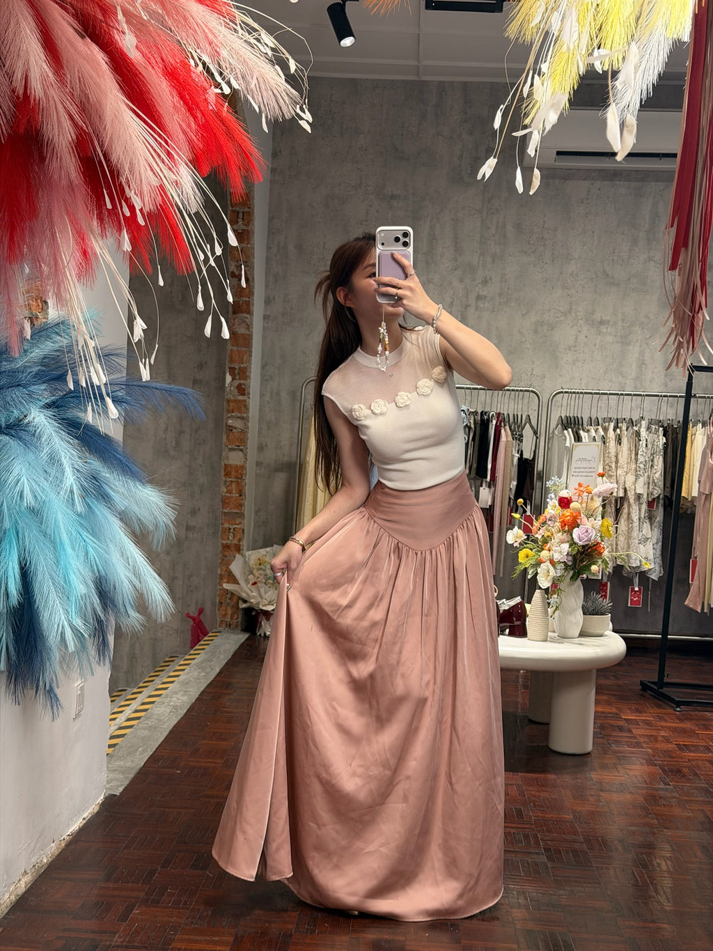 Satin Full-Volume Gathered Maxi Skirt | Airy