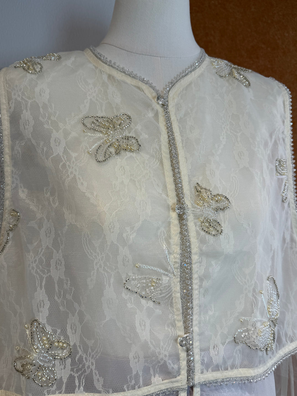 Pearl & Silver Butterfly Bead Embroidered Lace Organza Vest | Cora