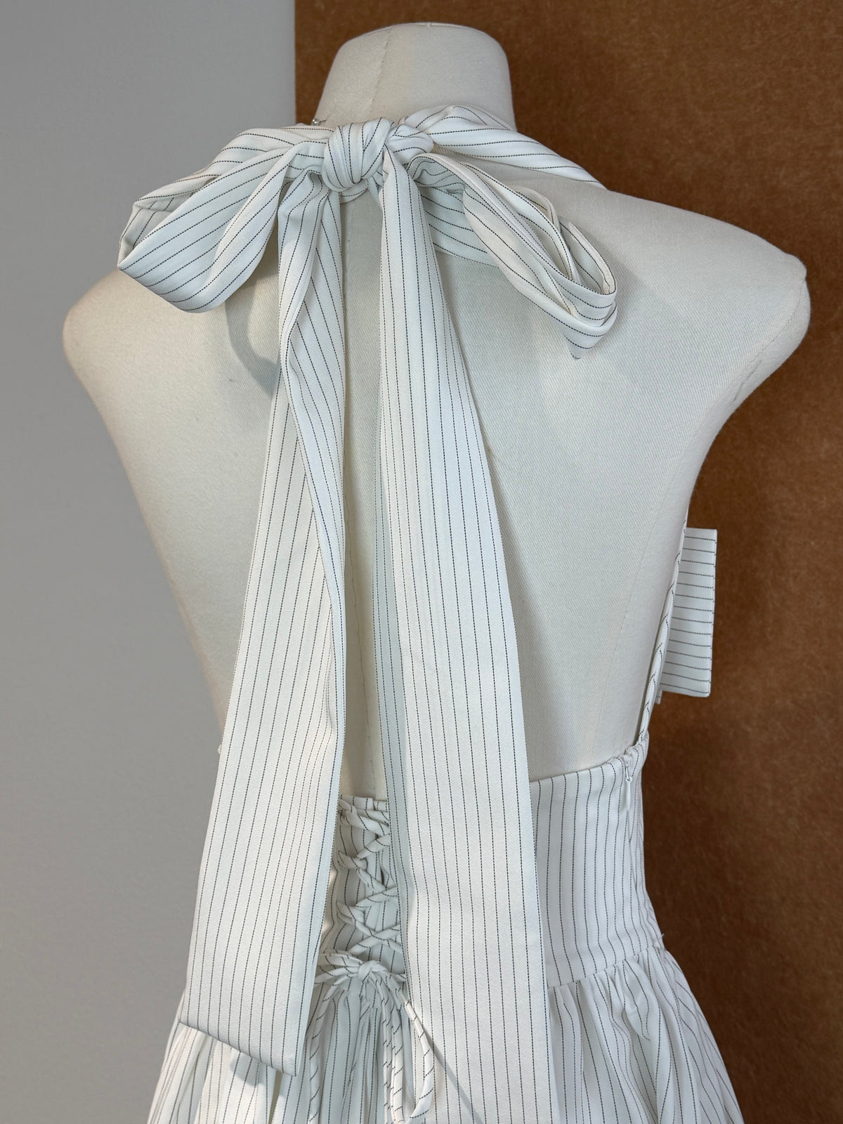Pinstripe Bow-Bodice Halter Maxi Dress | Celia