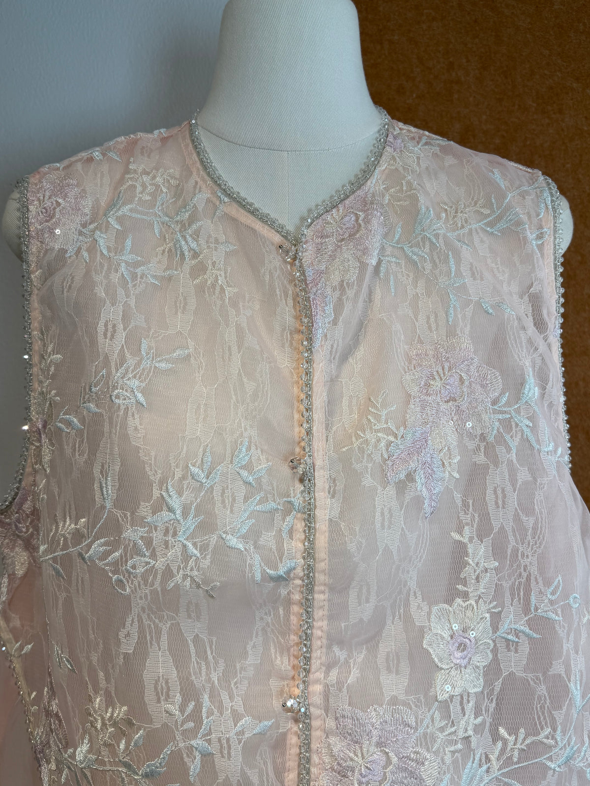 Beaded-Trim Floral Embroidery Sheer Vest | Adam