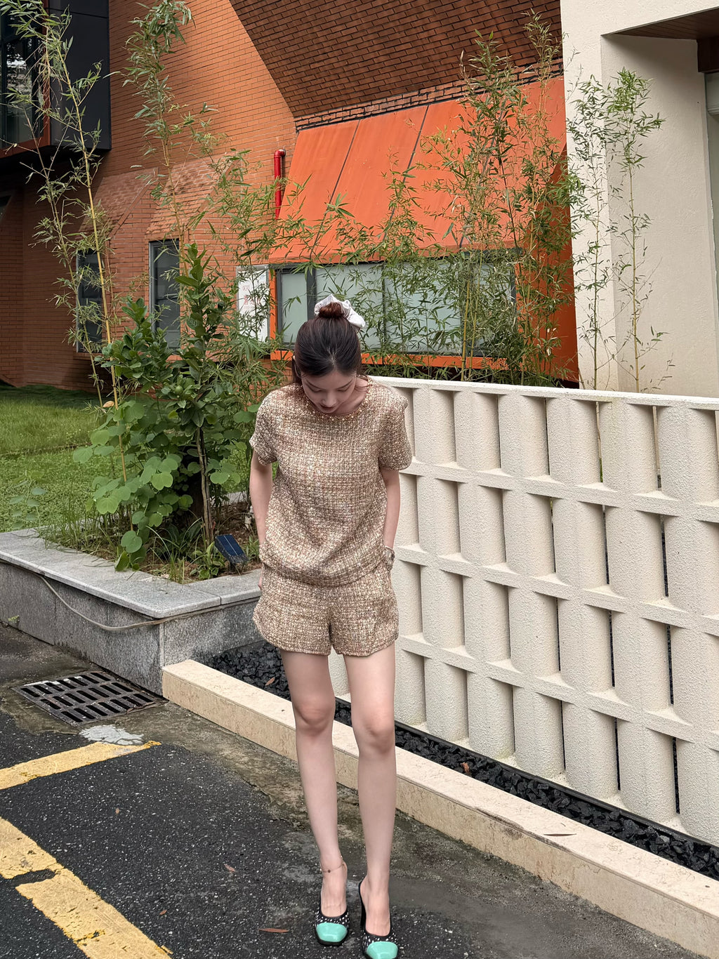 High-Waist Gold Tweed Shorts | Robin
