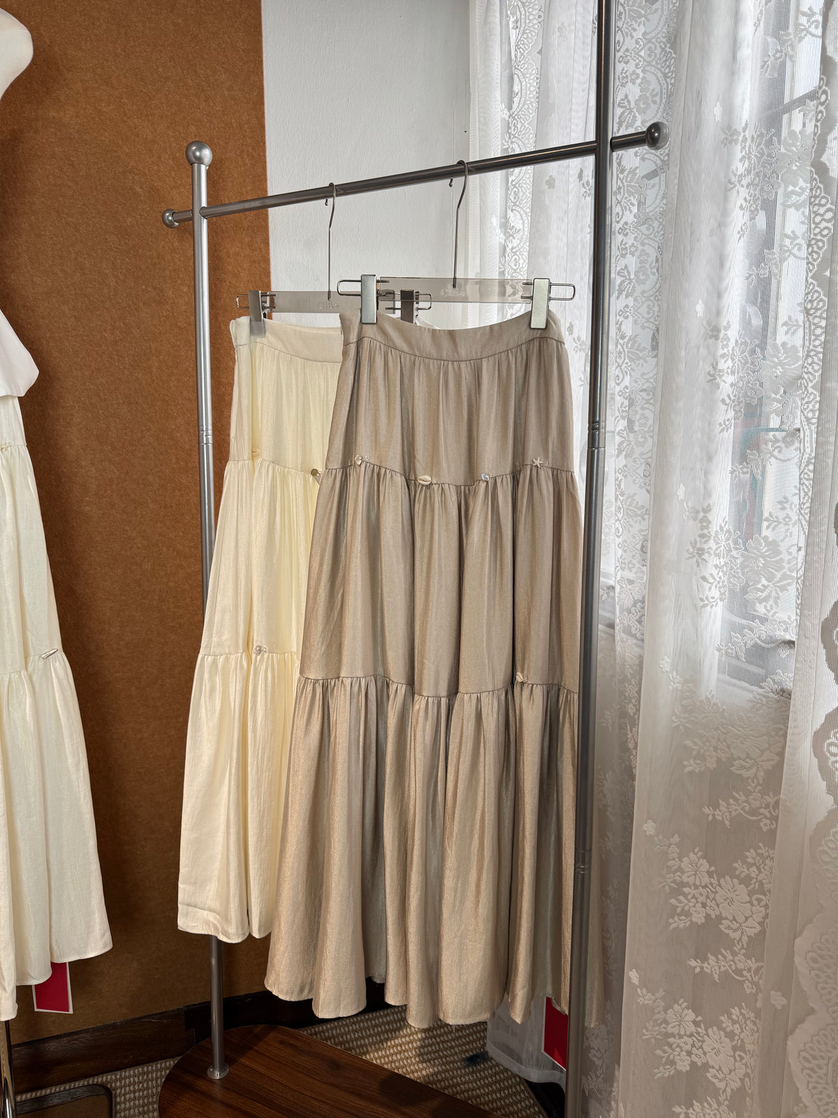 Three-Tier Gathered Shell-Button Shimmer Maxi Skirt | Louise