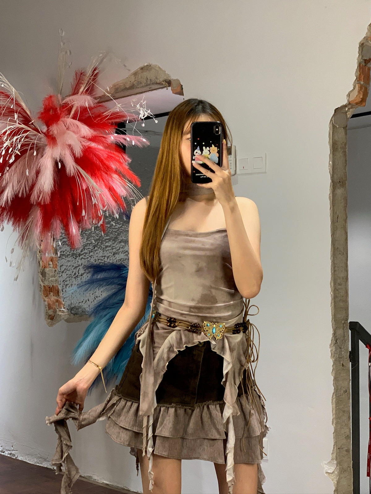 High-Waist Denim Mini Skirt with Raw-Edge Ruffle Panel and Streamers | Hailey