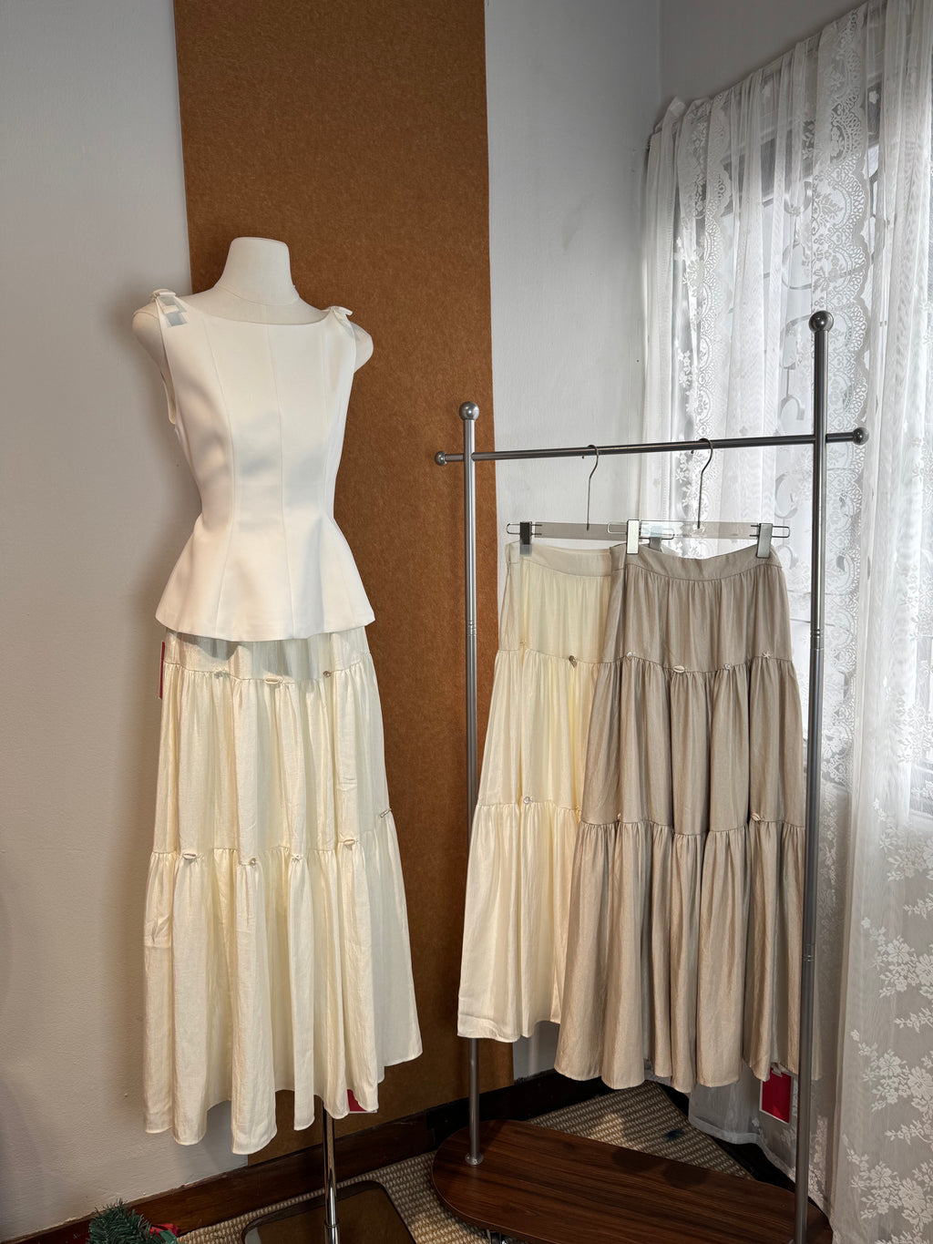 Three-Tier Gathered Shell-Button Shimmer Maxi Skirt | Louise
