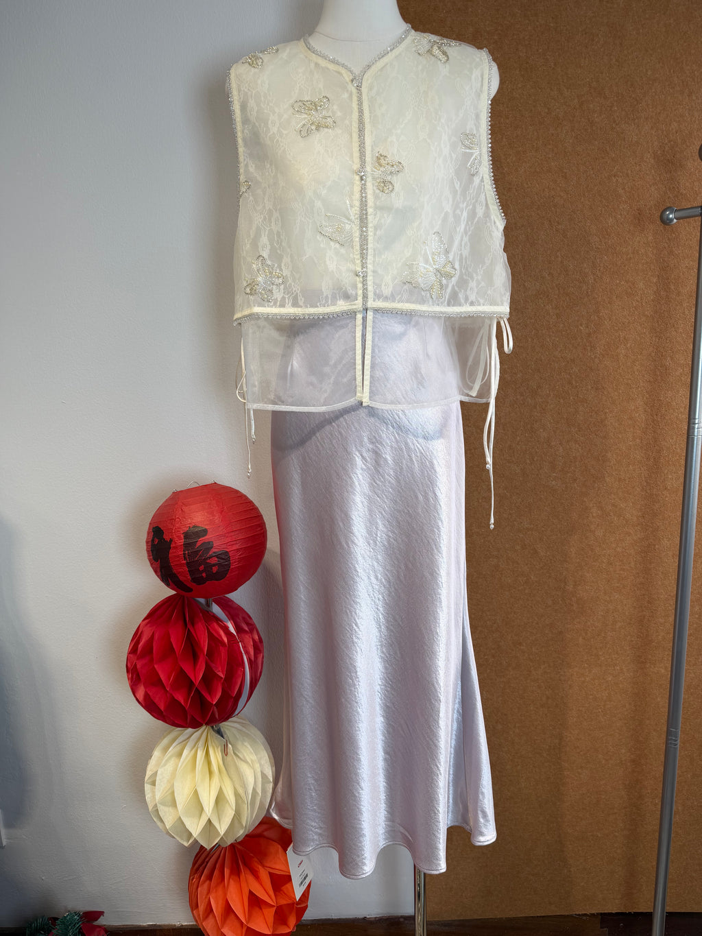 Pearl & Silver Butterfly Bead Embroidered Lace Organza Vest | Cora