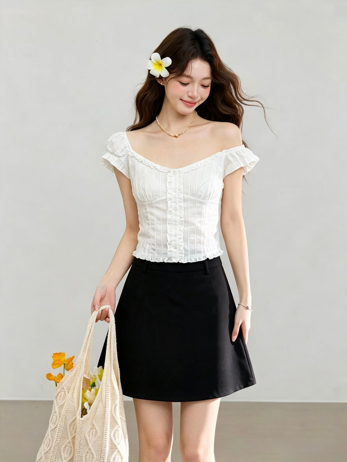 Jacquard Puff-Sleeve Corset Blouse | Nixie