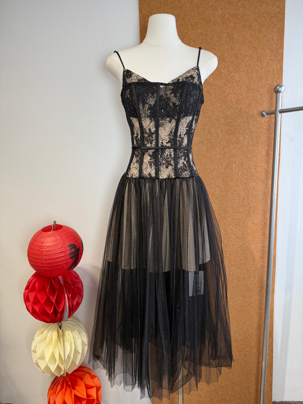 Lace Corset Bodice Tulle Midi Dress | Gillian