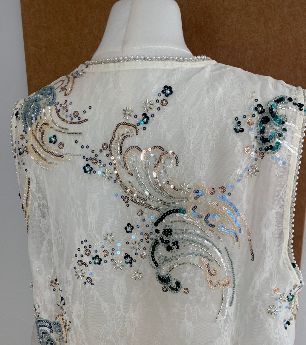 Pearl Trim Sequin Wave Embroidered Lace Vest | Adele