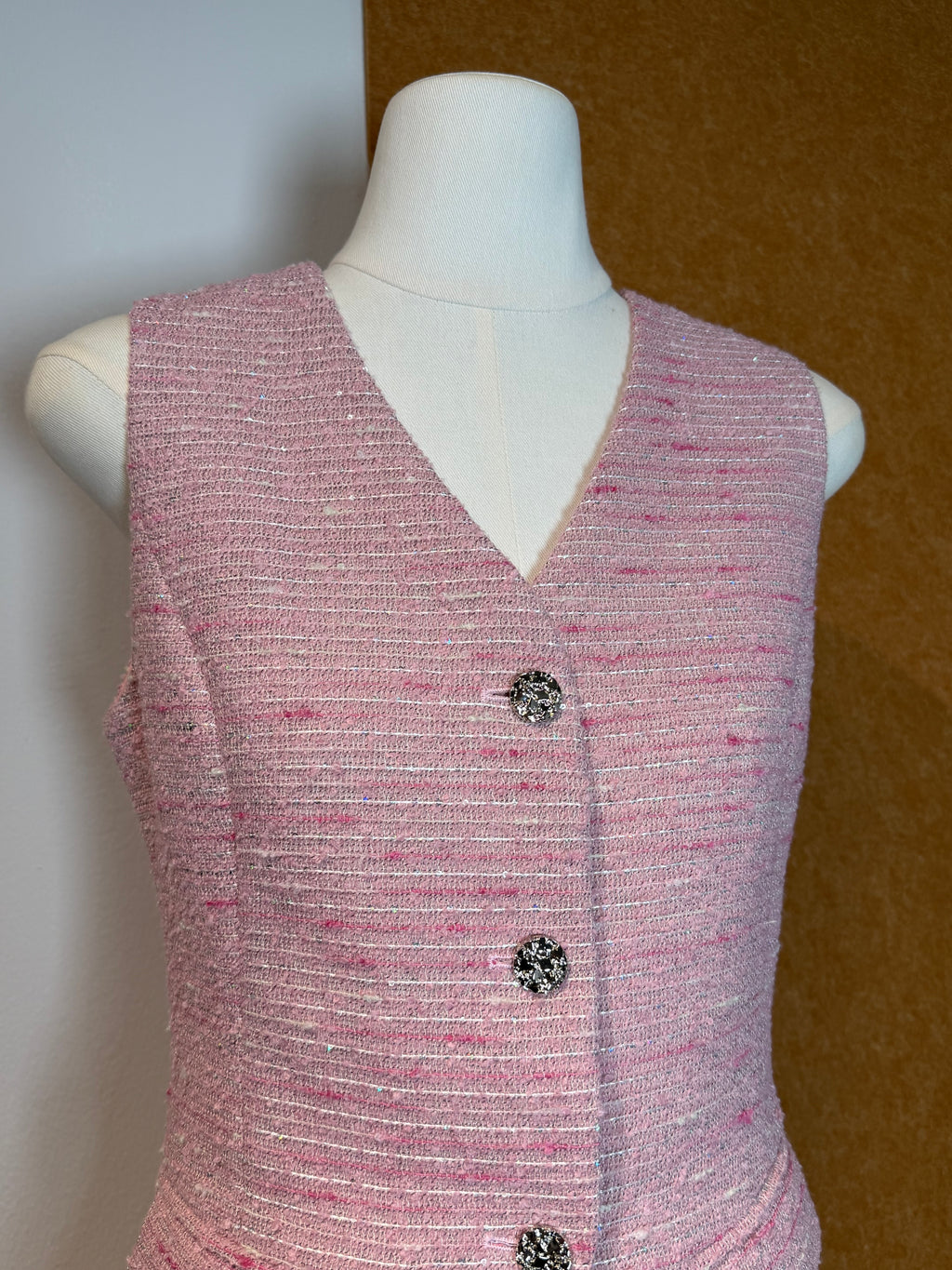Pink Tweed-Style V-Neck Waistcoat | Ulani Top