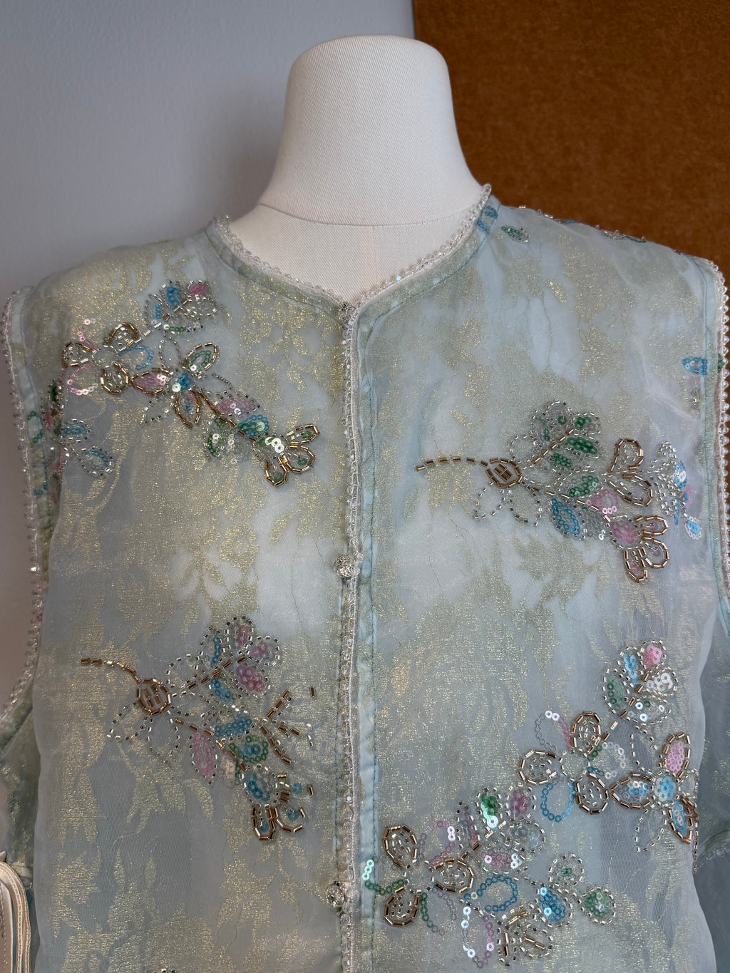 Butterfly Sequin Bead Embroidered Metallic Jacquard Organza Vest | Axel