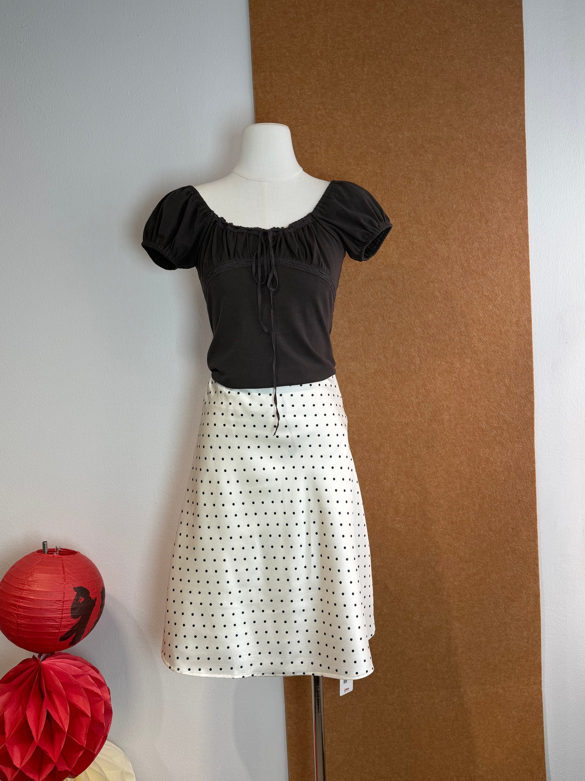 Cream Polka-Dot A-Line Skirt | Usha Bottom