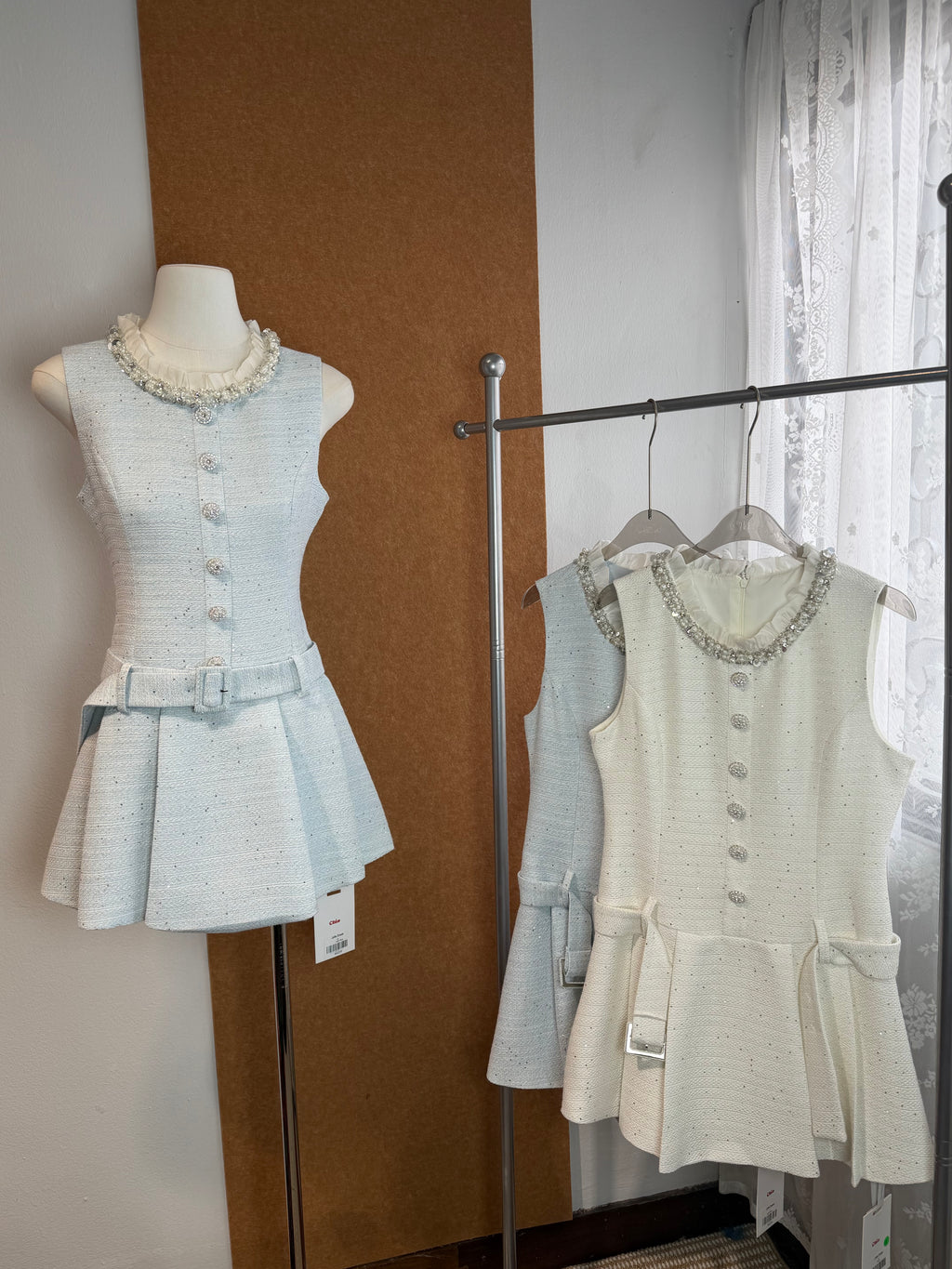 Sparkle Tweed Crystal-Button Belted A-Line Mini Dress | Jolie
