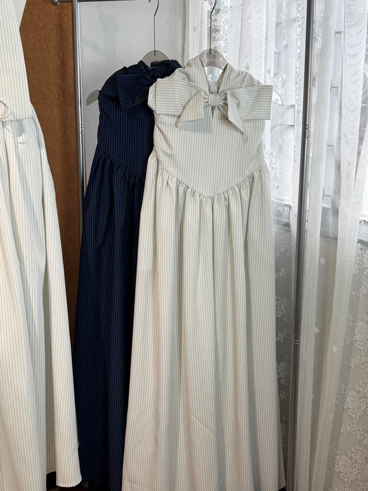 Pinstripe Bow-Bodice Halter Maxi Dress | Celia