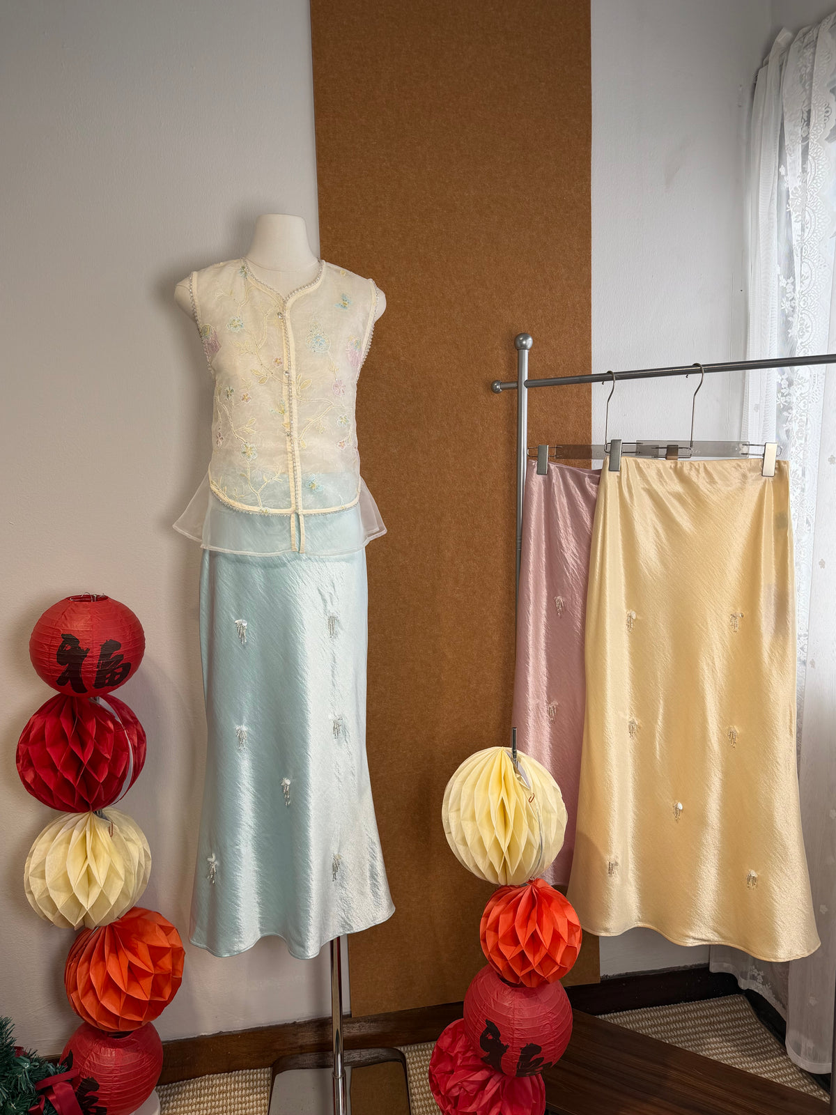3D Floral Embroidered Satin Midi Skirt | Andrea