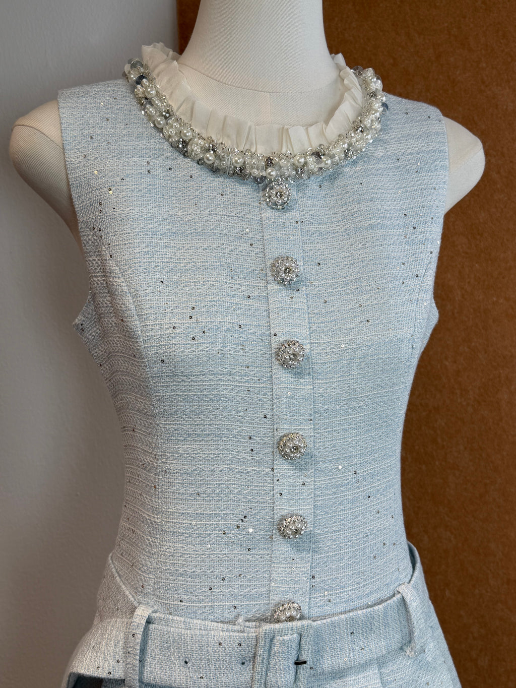 Sparkle Tweed Crystal-Button Belted A-Line Mini Dress | Jolie
