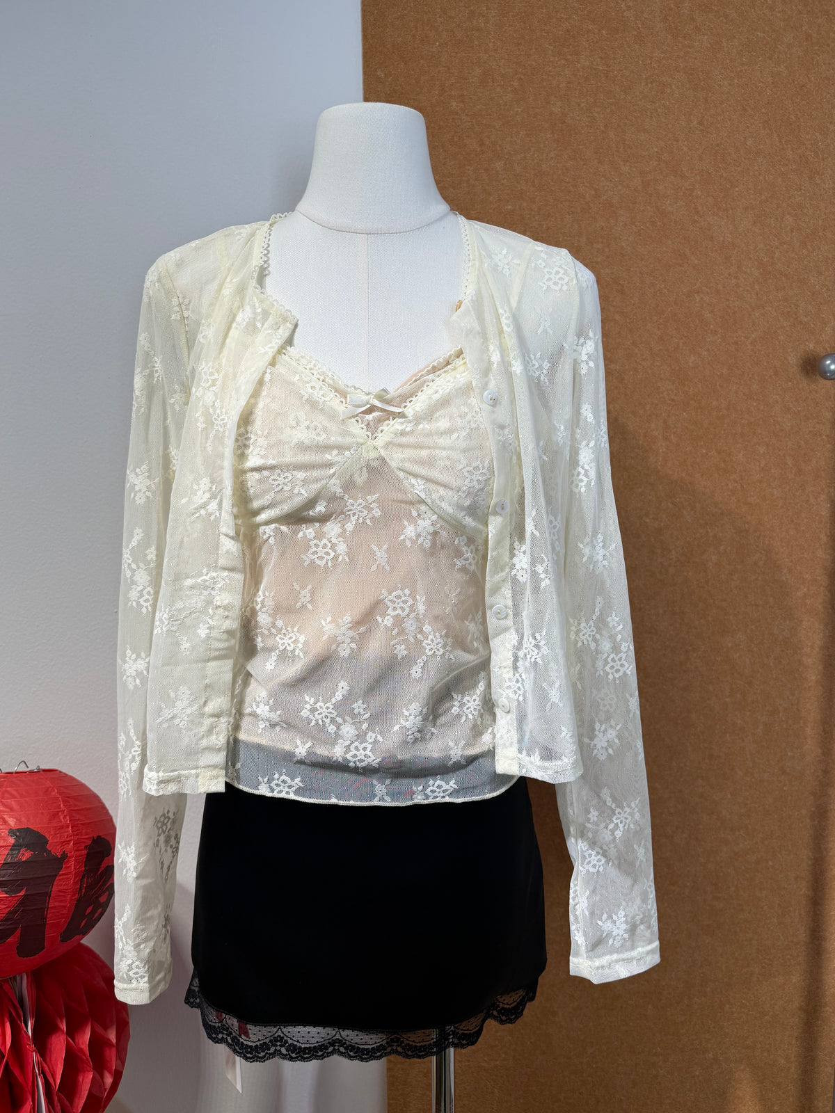 Lace Embroidery Twisted-Front Cami & Cardigan Set | Quina