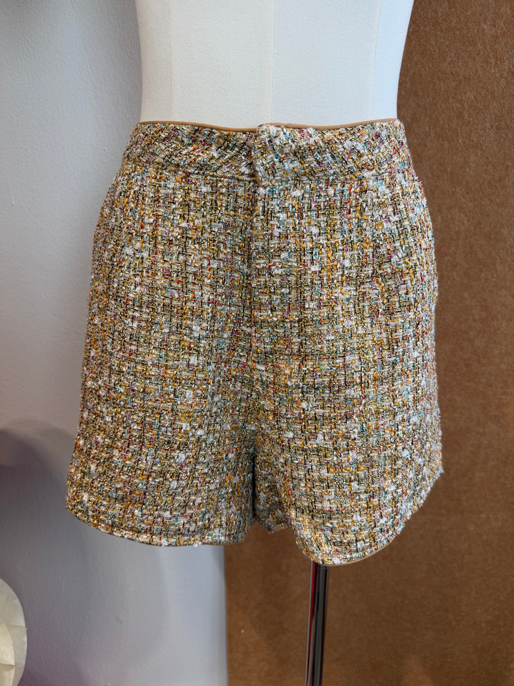 High-Waist Gold Tweed Shorts | Robin