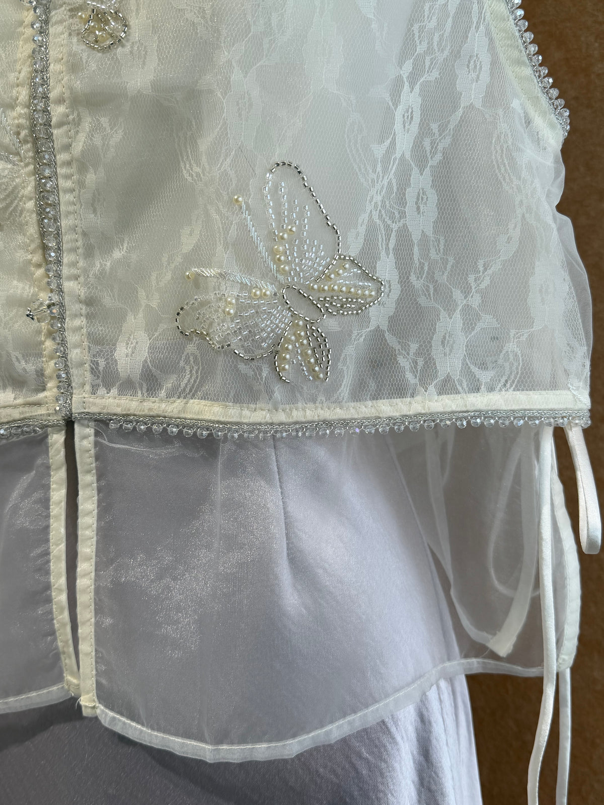 Pearl & Silver Butterfly Bead Embroidered Lace Organza Vest | Cora