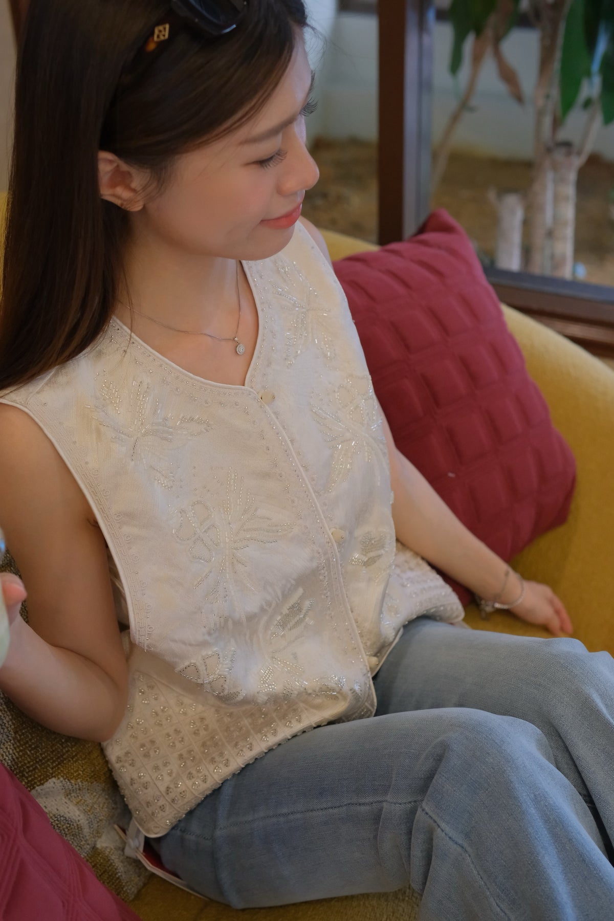 Hand-Beaded Butterfly Jacquard Vest | Alexa