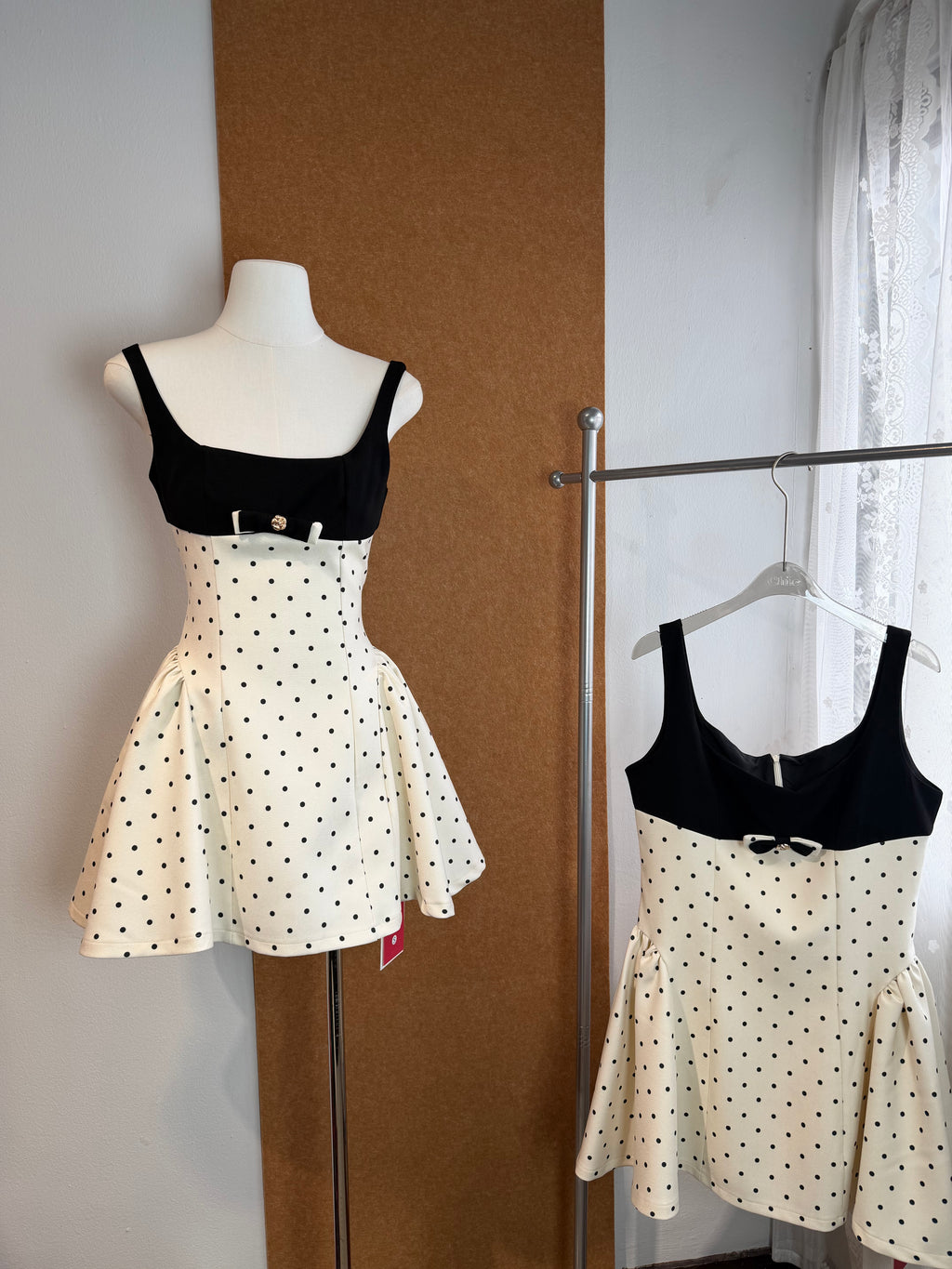 Polka Dot Contrast Bodice Bow-Waist A-Line Mini Dress | Javra