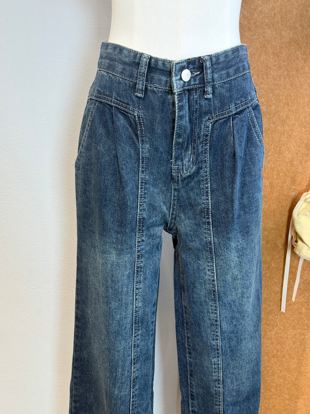 Washed Blue Seam-Detail Wide-Leg Jeans | Zidan Bottom
