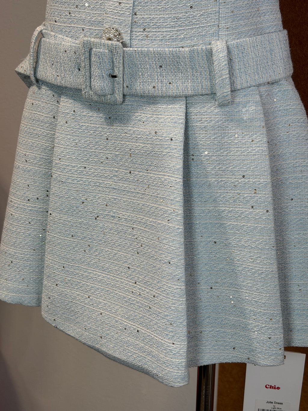 Sparkle Tweed Crystal-Button Belted A-Line Mini Dress | Jolie