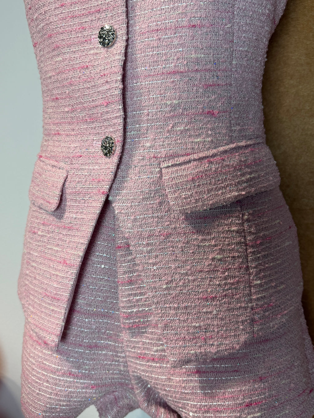 Pink Tweed-Style V-Neck Waistcoat | Ulani Top