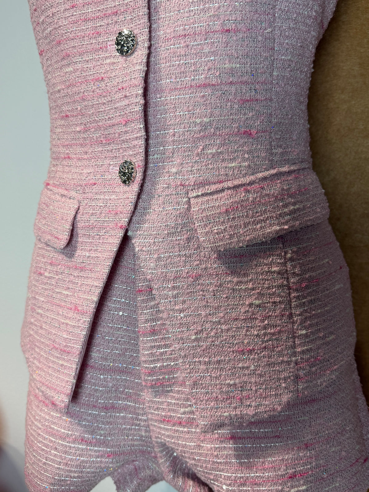 Pink Tweed-Style V-Neck Waistcoat | Ulani Top