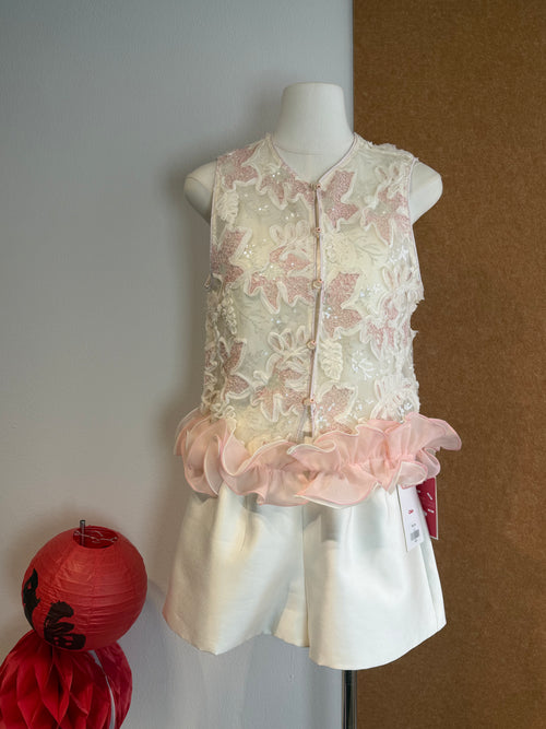 3D Floral Appliqué Sequin Ruffle Peplum Sleeveless Top | Aris