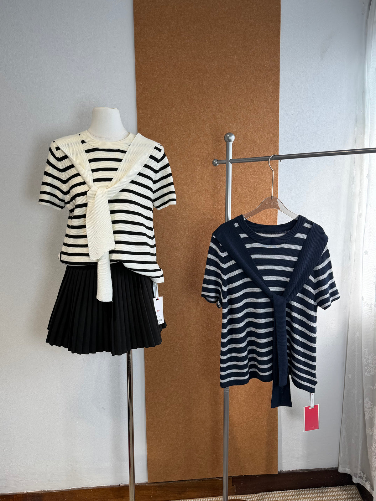 Breton Stripe Knit Top with Attached Scarf | Peachy