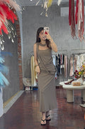 Asymmetric Drape Ruched Waist Stretch Jersey Maxi Dress | Icon