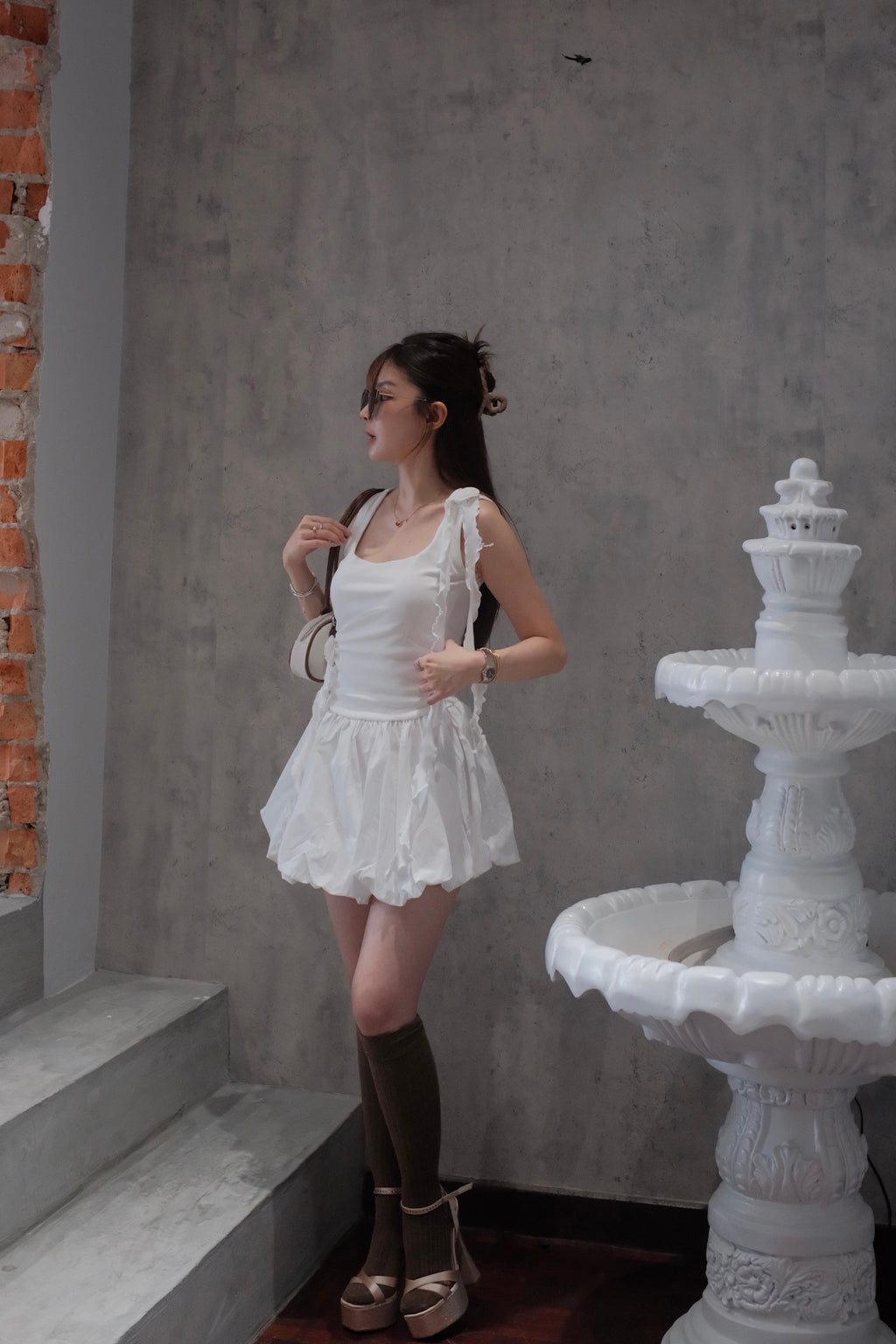 Ribbed Bodice Bubble-Skirt Bow Mini Dress | Janice