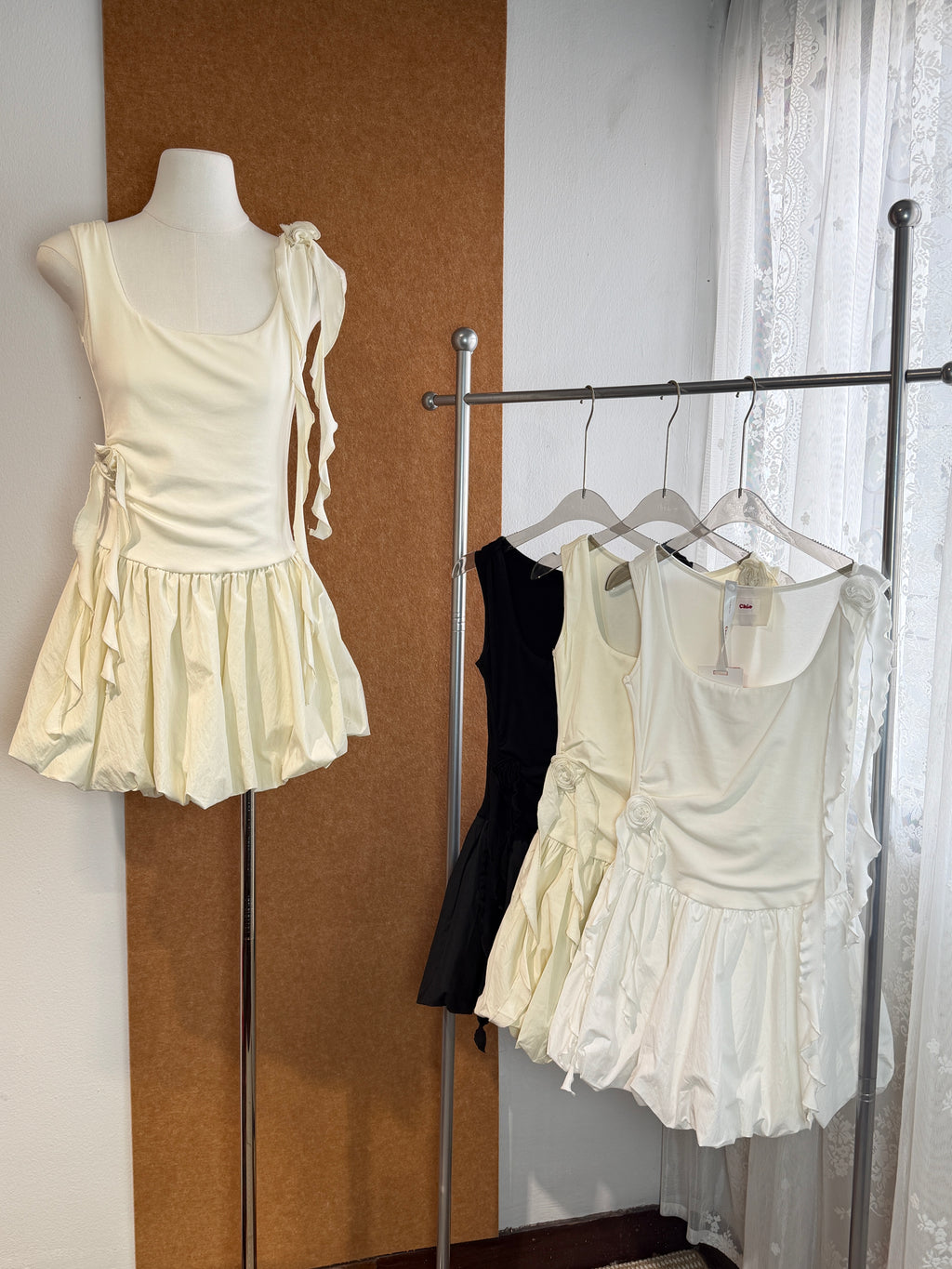 Ribbed Bodice Bubble-Skirt Bow Mini Dress | Janice