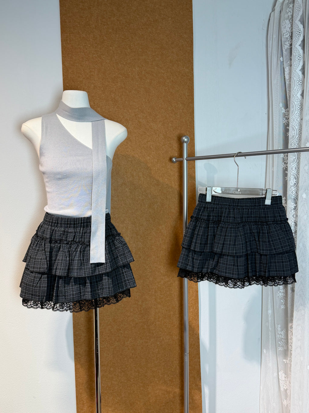 High-Waist Three-Tier Plaid Ruffle Mini Skirt with Lace Hem | Hannah