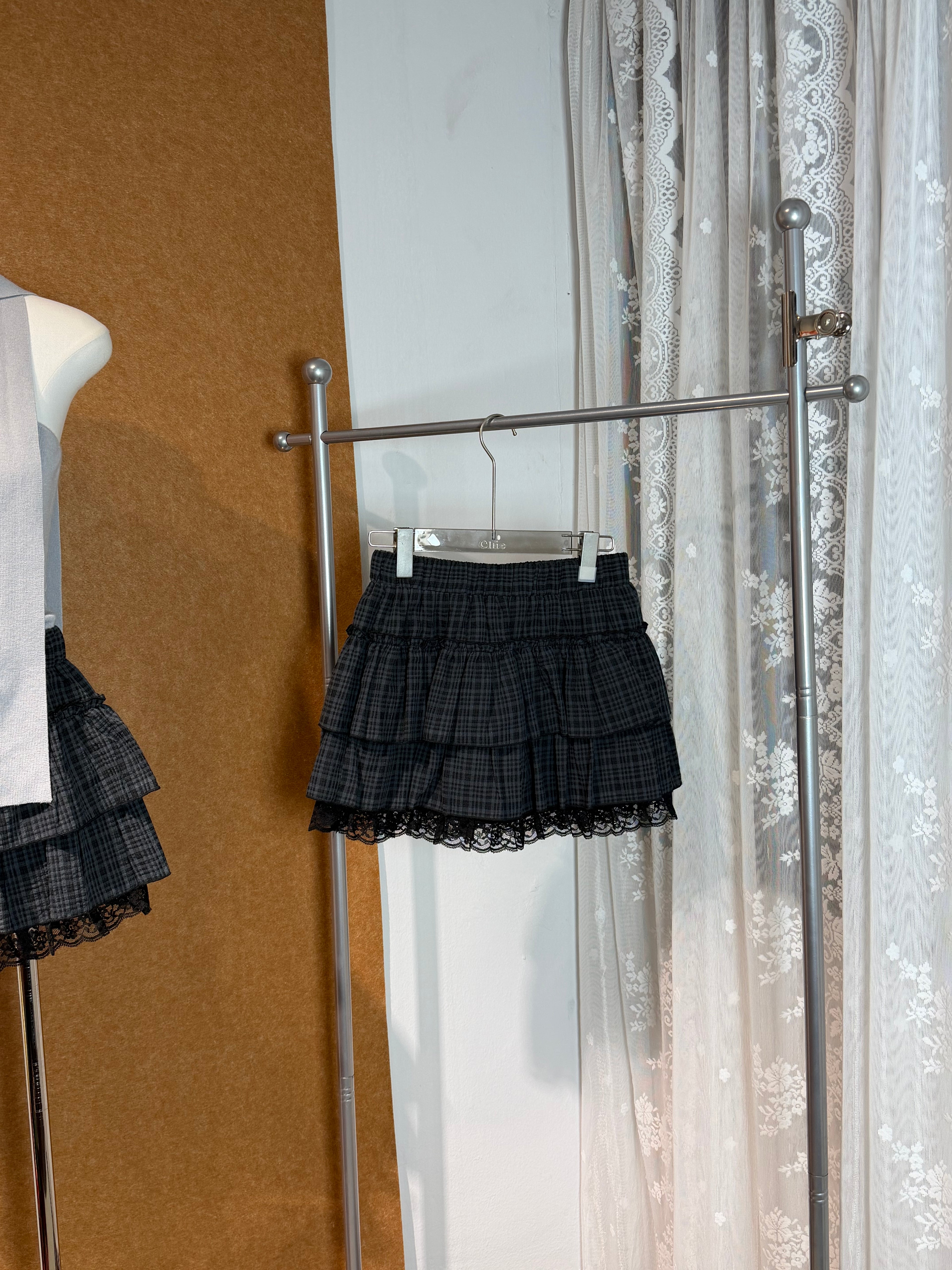 High-Waist Three-Tier Plaid Ruffle Mini Skirt with Lace Hem | Hannah