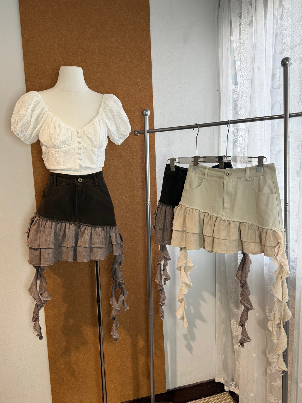 High-Waist Denim Mini Skirt with Raw-Edge Ruffle Panel and Streamers | Hailey