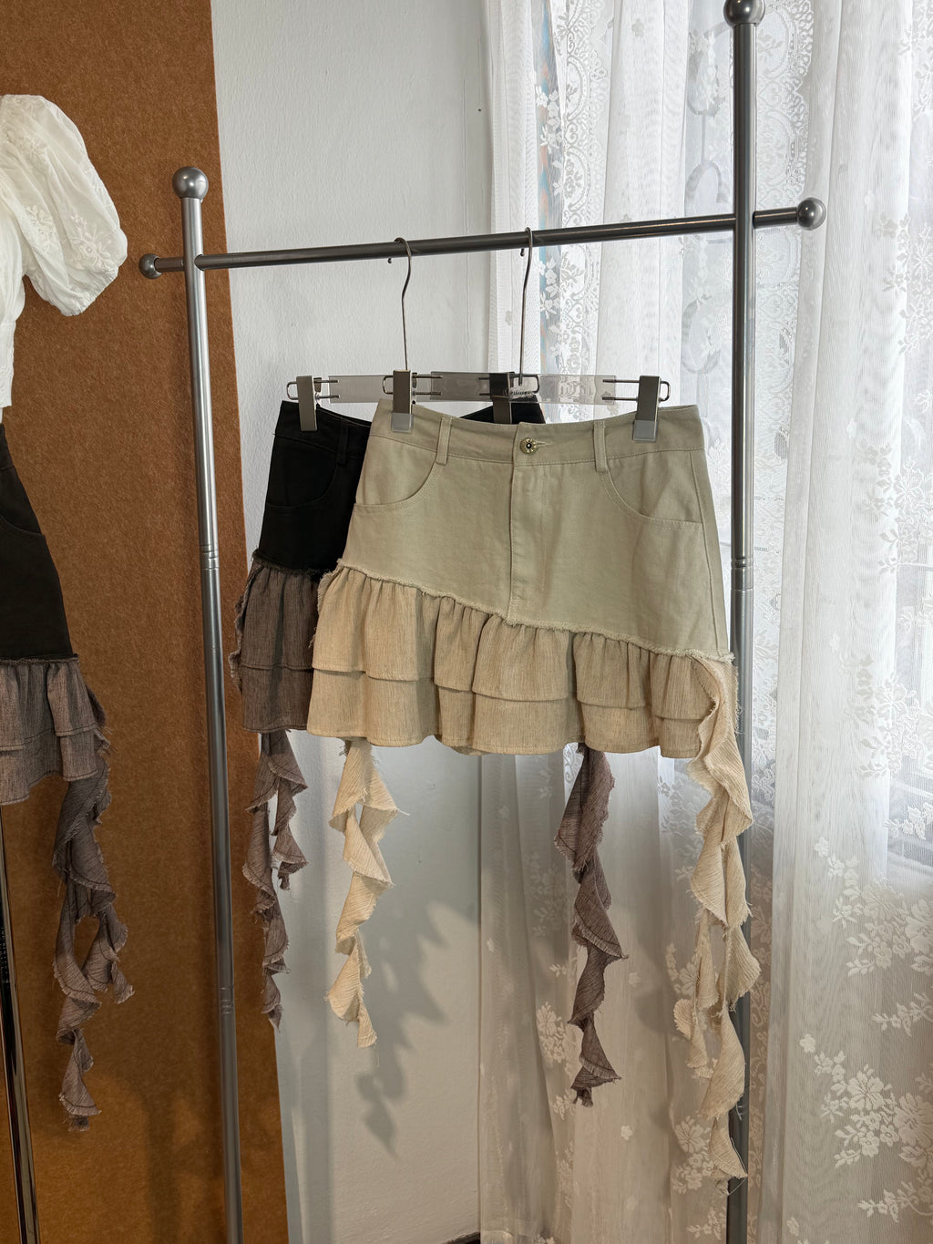 High-Waist Denim Mini Skirt with Raw-Edge Ruffle Panel and Streamers | Hailey