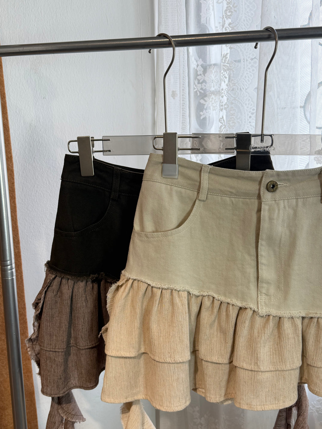High-Waist Denim Mini Skirt with Raw-Edge Ruffle Panel and Streamers | Hailey