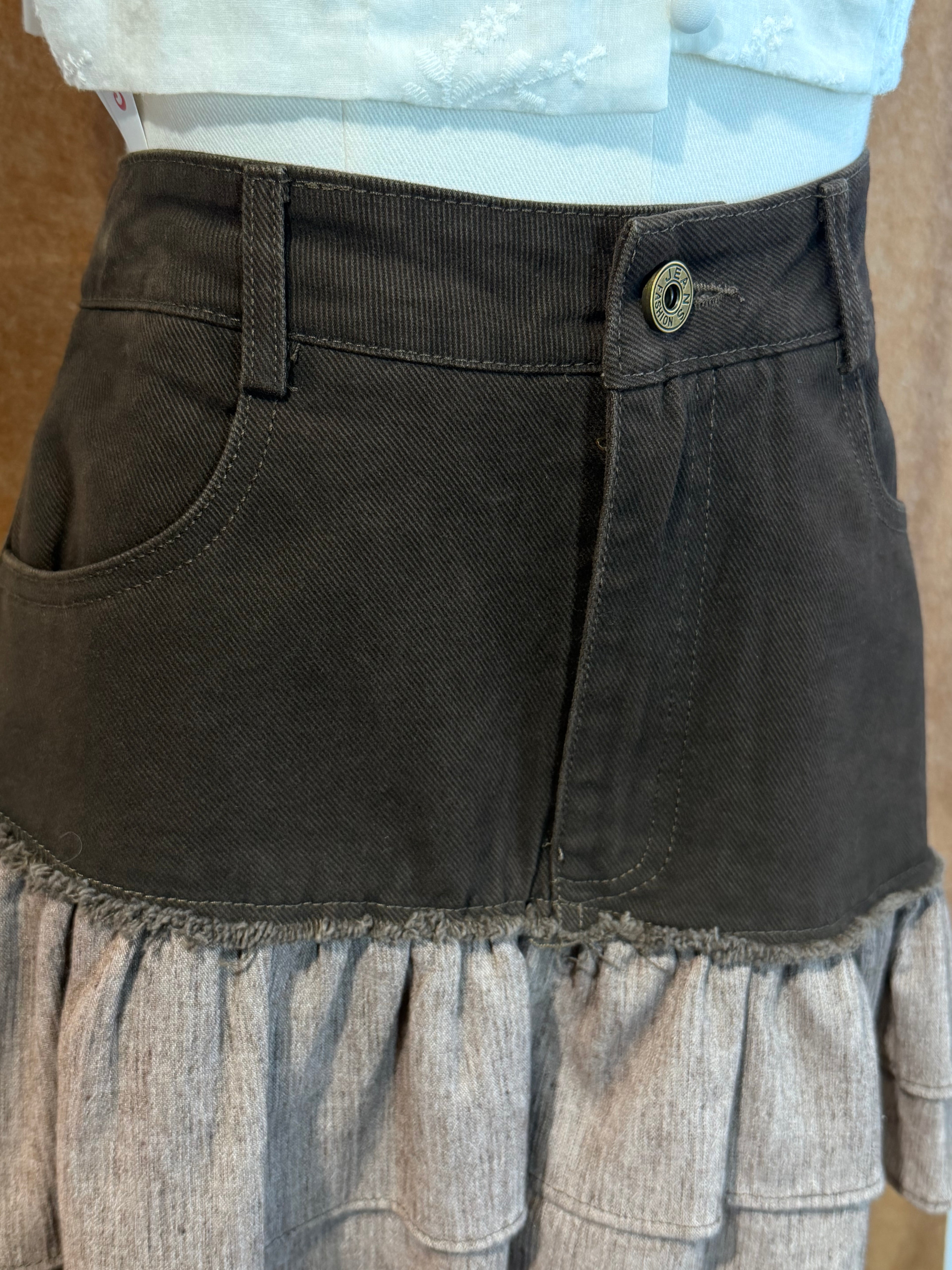 High-Waist Denim Mini Skirt with Raw-Edge Ruffle Panel and Streamers | Hailey
