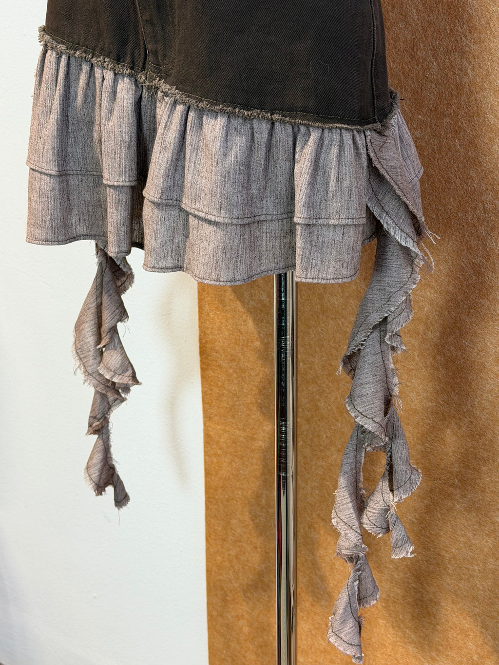 High-Waist Denim Mini Skirt with Raw-Edge Ruffle Panel and Streamers | Hailey